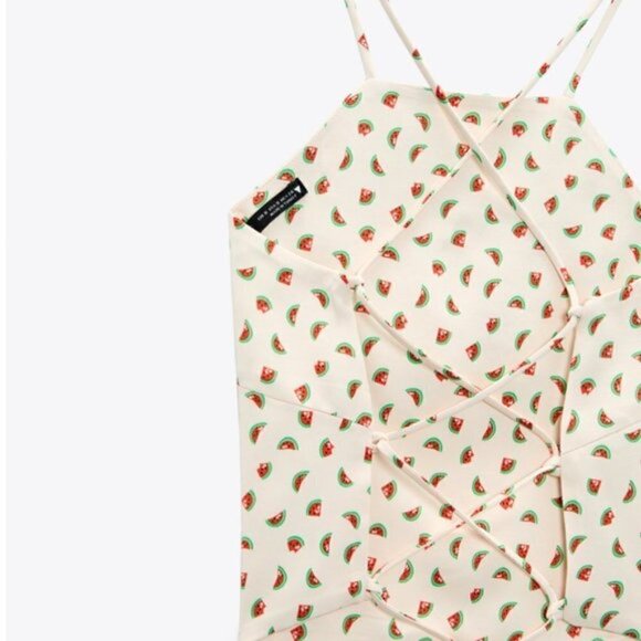 ZARA Satin Effect Y2K Watermelon Print Crisscross Corset Tie Back Crop Top NWT M - Picture 8 of 8